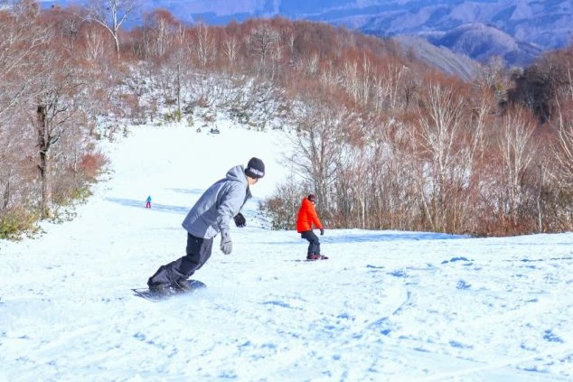 スノーボードを持ち、「野沢温泉」の標識の下でポーズをとる2人の男性。雪景色が広がるスキー場の様子。