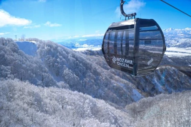 晴れた冬のスキー場で、雪化粧した山々の上をゴンドラが運行している。ゴンドラには「NOZAWA ONSEN」のロゴが見える。