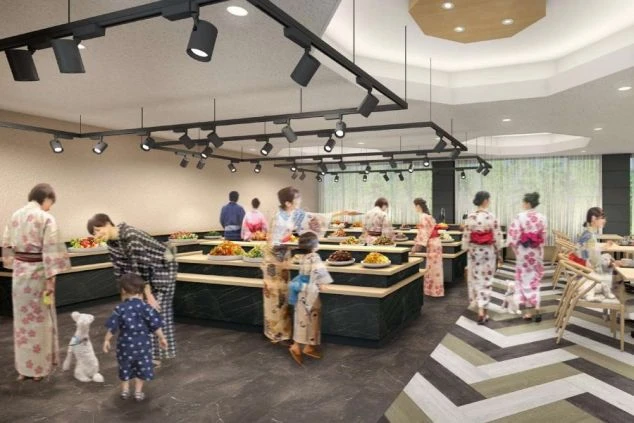 旅館のビュッフェ会場。浴衣を着た人々や犬が、食事を選びながら楽しんでいる。