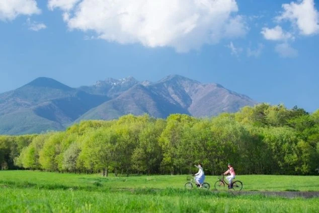 広大な緑の野原。雪が残る山々を背景に、サイクリングを楽しむ2人の人物。