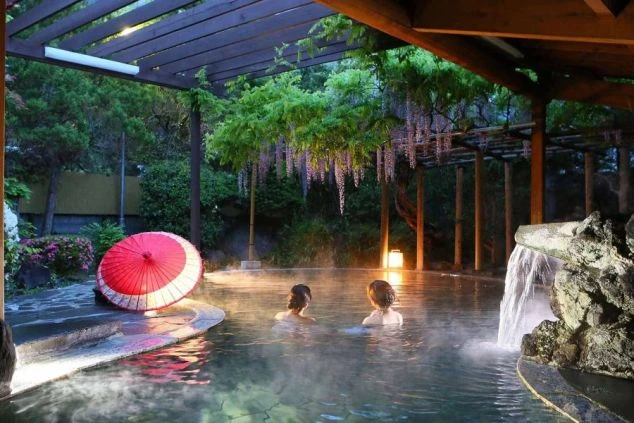 庭園露天風呂でくつろぐ2人の女性の画像。湯けむりが立ち上り、藤棚から花が垂れ下がり、和傘が置かれている。心身を癒せる贅沢な温泉施設。