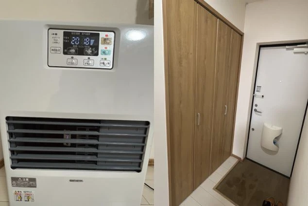 左側にファンヒーターの操作パネル、右側にはクローゼットと玄関ドアが見える。