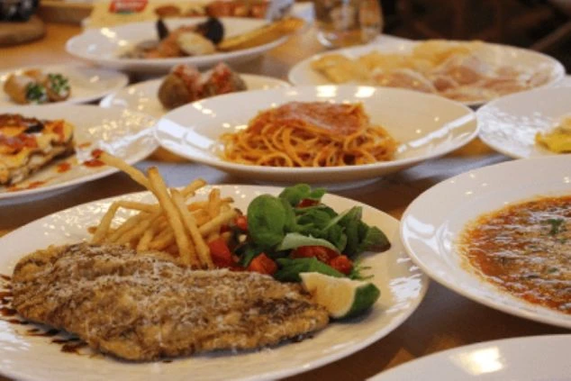 フライポテトとサラダが添えられた肉料理、パスタやスープ、ラザニアなど、たくさんの洋食がテーブルに並べられている。リゾートバイト先のゲレンデレストランで提供されるメニューのイメージ。