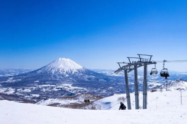 北海道・ニセコのスキー場から望む羊蹄山の絶景。青空の下、蝦夷富士（えぞふじ）と呼ばれる美しい円錐形の山がそびえ立っている。