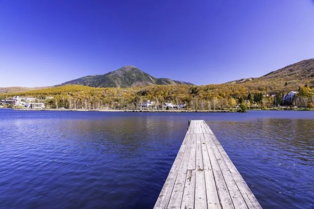 白樺湖に架かる木製の桟橋と、紅葉が始まった山々。リゾートバイトで湖畔のホテルやレジャー施設で働きながら、美しい秋の景色を楽しみたい方に魅力的な画像。