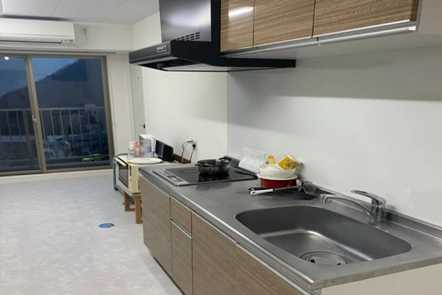 IHクッキングヒーター、シンク、調理器具が揃った、木目調の扉が特徴的なキッチン。