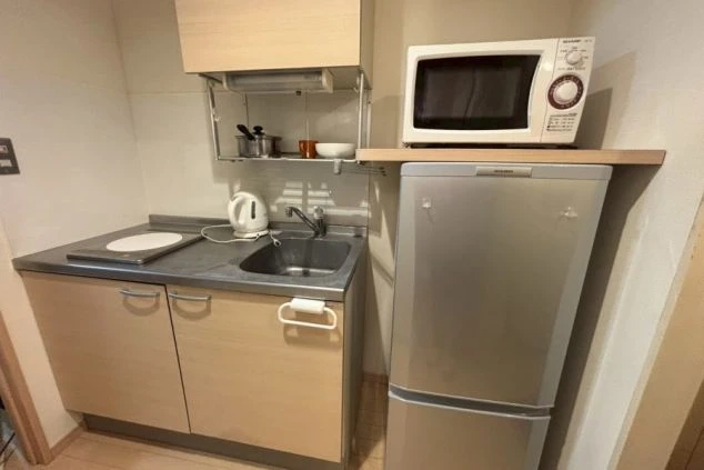 寮のミニキッチン。一口IHクッキングヒーターとシンク、上下の収納棚、そして小型の2ドア冷蔵庫の上に電子レンジが置かれている。