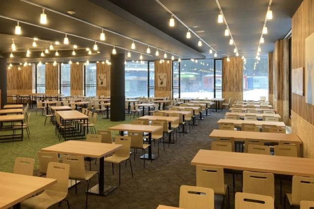 天井からたくさんのライトが吊るされた、広々としたカフェテリア。テーブルと椅子が規則正しく並び、窓からは雪景色が見える。