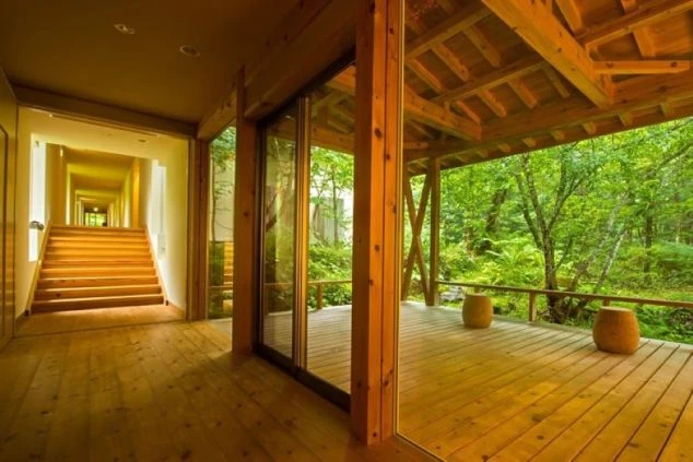 自然光が差し込む、木のぬくもりを活かした旅館の館内。ガラス戸の向こうには、緑豊かな森を望む開放的なウッドデッキが続いています。