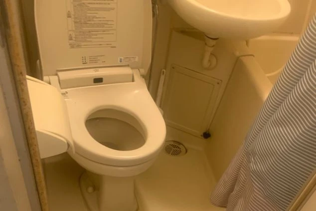 狭いバスルームまたはトイレの内部を写した画像。薄いクリーム色のトイレが正面にあり、その右側にはシンクの一部が見えます。壁には模様のある壁紙が貼られているようです。