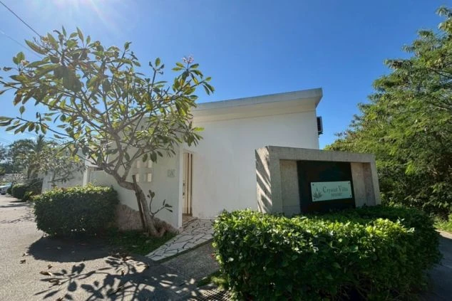 南国リゾートバイトの勤務先の写真。青空に映える白い建物と、プルメリアの木。おしゃれなヴィラで働く住み込み求人。