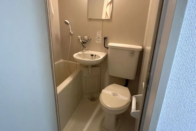 小さなユニットバス。浴槽、洗面台、トイレが一体になっている。