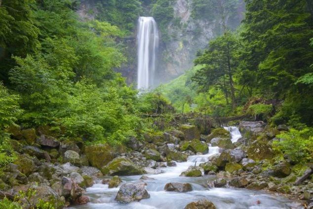 豊かな緑に囲まれた岐阜県奥飛騨温泉郷の平湯大滝と清流の画像。リゾートバイトの休日に観光できる。