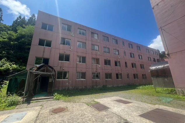 青空の下に立つ、外壁が剥がれかかった古いピンク色の建物。周りには雑草が生い茂り、森が隣接している。