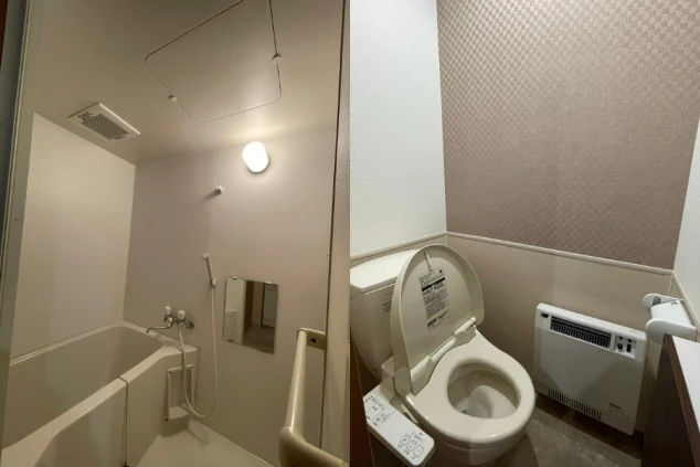 ワクトリの社員が出張で撮影した、バスルームとトイレの画像。右側には温水洗浄便座付きの洋式トイレとヒーター、左側には浴槽とシャワーが一体になった浴室が見える。