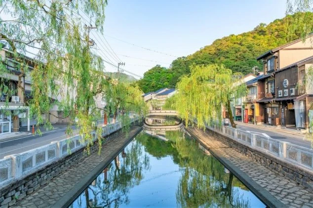 柳の木が並ぶ川沿いの街並み。川は橋の下を流れており、水面には街の景色が反射している。