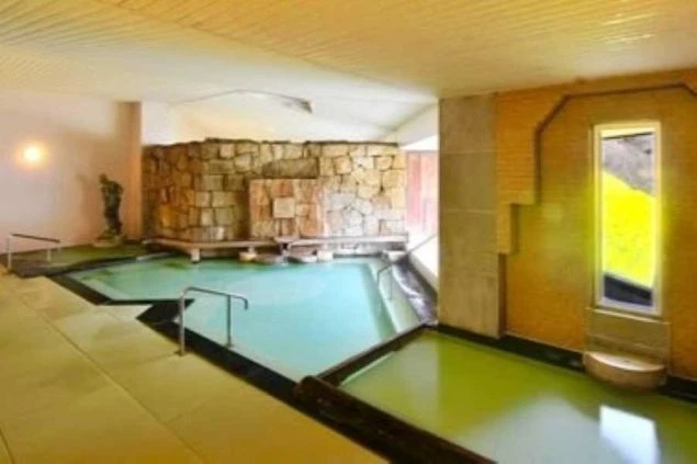  明るい照明が特徴的な内風呂。石でできた壁の浴槽と、緑色の床の浴槽がある。