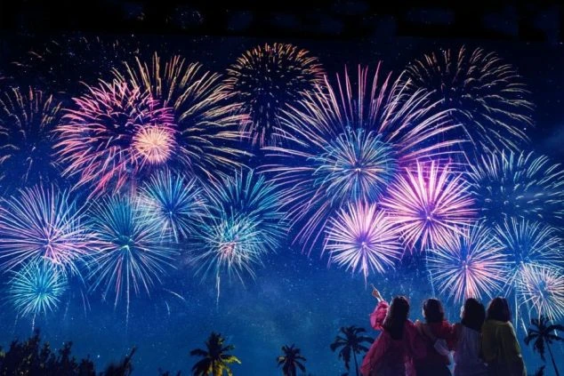 ヤシの木の下で、夜空に打ち上がる色とりどりの花火を見上げている人々の後ろ姿。