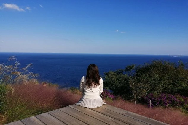  海が見えるウッドデッキに座る女性の後ろ姿。女性は海の方を向き、周りには植物が生い茂っている。