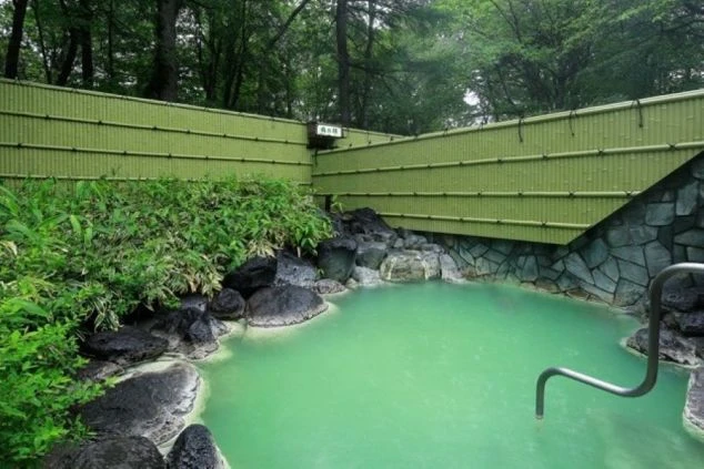 岩と竹垣に囲まれた緑色の温泉の露天風呂の画像。リゾートバイトの仕事終わりに温泉で疲れを癒すイメージ。