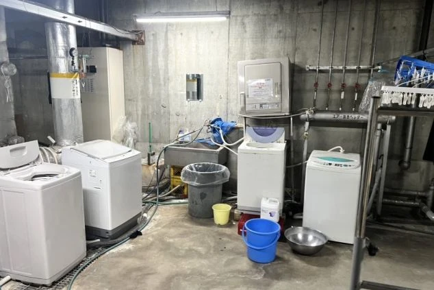  リゾートバイトの寮の洗濯室の画像。複数の洗濯機と乾燥機が並び、作業台やバケツが置かれている。