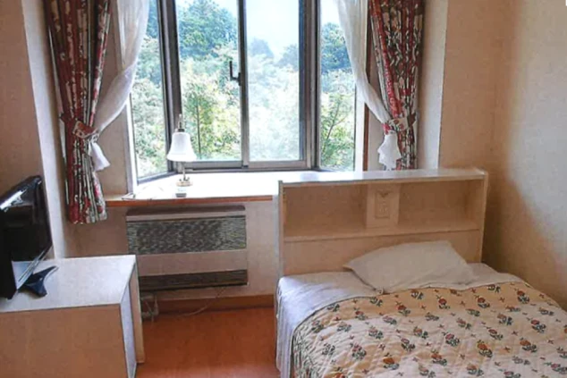 部屋には大きな窓があり、ベッドやTVが完備されている。花柄のカーテンや洋風なライトからかわいらしい洋風の雰囲気を感じられる部屋の画像。