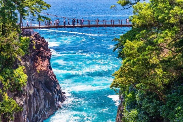 静岡県伊東市にある観光地、城ヶ崎海岸の風景の画像。荒々しい岩と、その間を流れる青い海の上に吊り橋が架かっている。リゾートバイトの休日に観光を楽しめる、自然の風景の画像。  3枚目の画像