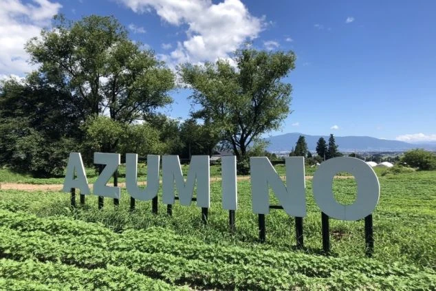 青い空の下、緑の野原に「AZUMINO」と白い文字の看板が置かれている画像。背景には山々が見える。リゾートバイトの休日に観光を楽しめる、自然の風景の画像。