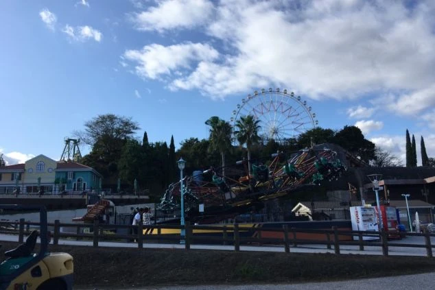 園内から見上げたアトラクションの様子。中央で大きく傾斜しながら回転するライドがあり、その背後の丘にはシンボルの観覧車がそびえ立っています。ヤシの木が南国気分を演出し、午後の光が差し込む園内の風景です。