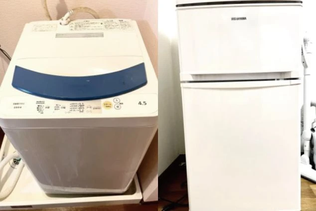 リゾートバイトの寮にある洗濯機と冷蔵庫。生活に必要な家電が完備されているため、すぐに新生活を始められる。