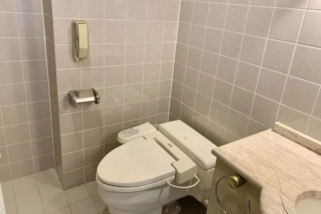 リゾートバイト寮のトイレ。ウォシュレットが完備され、大理石調の高級感ある洗面台が併設されている。