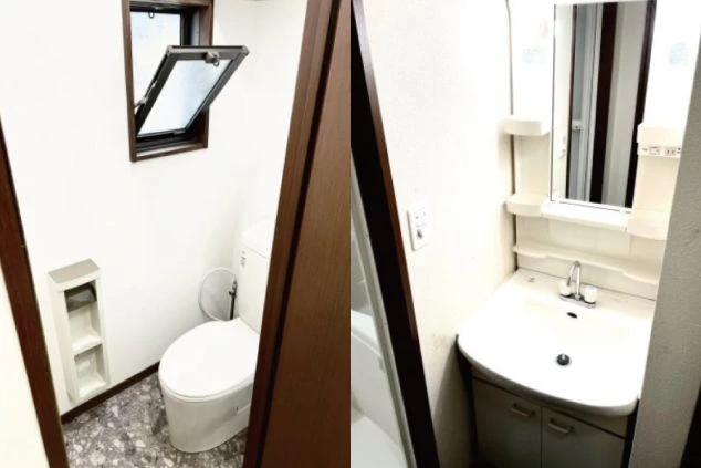 リゾートバイトの寮にあるトイレと洗面所。窓付きの明るい空間で、独立した洗面台が使いやすそう。