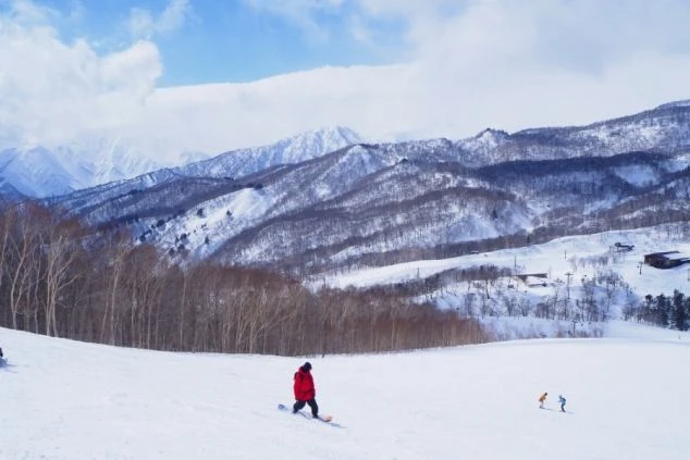 リゾートバイトの休日に観光するイメージ画像。雪に覆われた山々を背景に、スノーボードを楽しむ人々の様子。