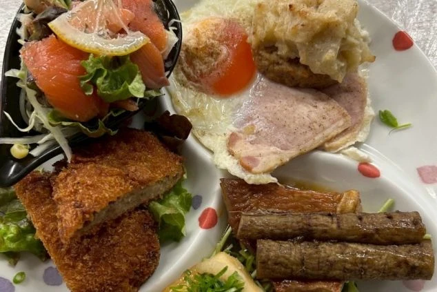 サーモンサラダ、揚げ物、ハムエッグなど和洋の料理が並ぶ豪華な食事のイメージ画像。