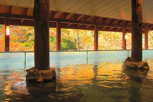 窓の外に紅葉した木々が広がる旅館の露天風呂。大きな木材の柱が印象的で、自然と一体になった温浴空間を演出。温泉地でのリゾートバイトの魅力を伝える。