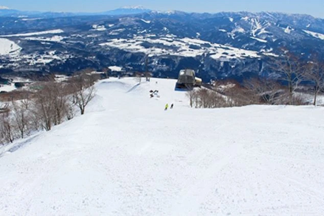 スキー場の山頂から、広大なゲレンデと遠くの山々を見下ろす絶景。最高のパノラマビューを楽しみながら、滑り降りることができます。