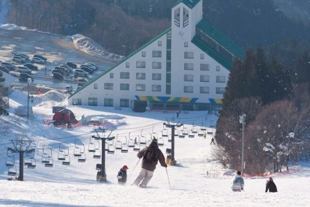 スキー場の建物やリフトを背景に、スキー・スノーボードを楽しむ人々の画像。