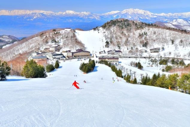 晴れた日の広大なスキー場と、背景にそびえる雪山の絶景の画像。