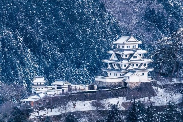 雪に覆われた山の中に建つお城の画像。