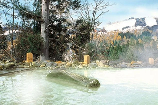 雪景色の中で湯気立つ露天風呂。雪をかぶった山や木々が見え、冬のリゾートバイトで、仕事の後に雪見風呂を楽しめることをアピール。