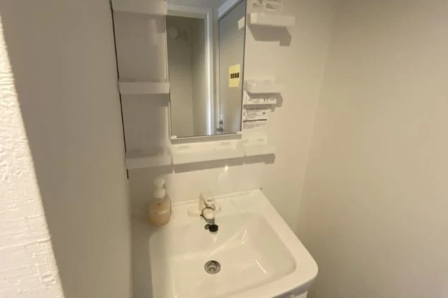 明るい色の壁で統一された狭いトイレ。トイレの奥にはトイレットペーパーホルダーがあり、壁には小さな白い収納棚が取り付けられている。