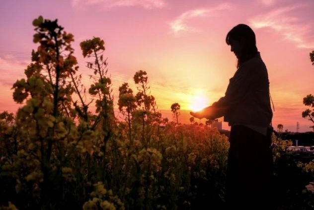 菜の花畑で、夕日を手に乗せている女性のシルエットの画像。空はピンク色とオレンジ色に染まり、幻想的な雰囲気が漂っている。リゾートバイトの休日に観光を楽しんでいる様子が伝わってくる、風景の画像。
