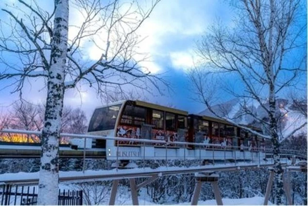 雪景色の中、スキー場のモノレールが運行している風景の画像。モノレールはスキー客や観光客の移動手段として使われている。リゾートバイトの仕事風景や、休日の過ごし方を表す画像。