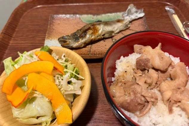 焼き魚、肉が乗ったご飯(丼)、サラダが写っているまかないの画像。