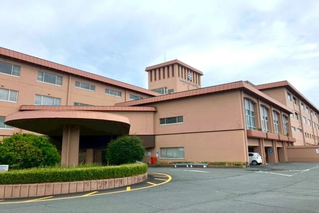 ピンクベージュの外壁と、カーブした屋根、中央の塔のような構造が特徴的な、海沿いのリゾートホテル。