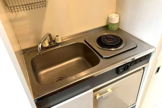 簡易なシンクと電熱コンロがある寮のミニキッチンの画像。