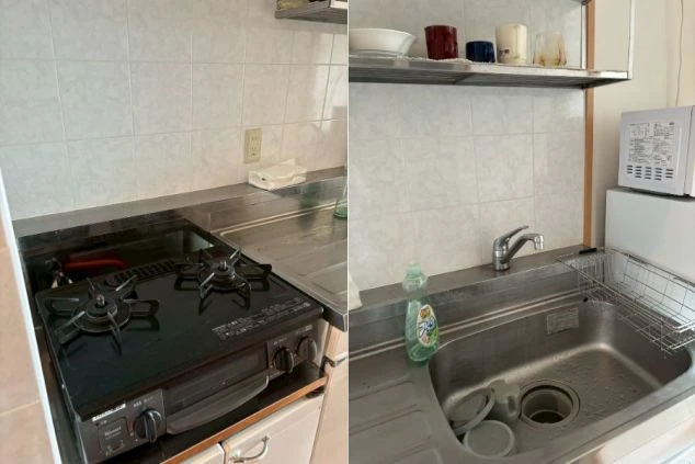 リゾートバイト個室寮の自炊用キッチン。2口ガスコンロ完備で料理を楽しめる。