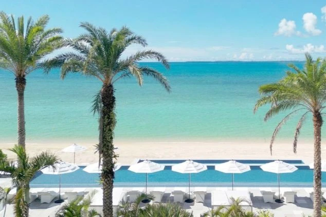 ヤシの木とエメラルドグリーンの海が見えるプール。沖縄のリゾートホテルで働けるチャンスです。