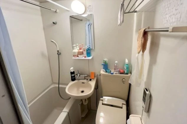 アパートの一室にある、トイレと洗面台が一体になったコンパクトなサニタリースペース。白い壁と床で統一されており、鏡と照明が備え付けられている。