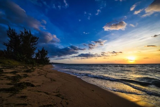 石垣島の海辺に広がる夕焼けのビーチ。波打ち際と空のコントラストが美しい南国リゾートの風景画像。